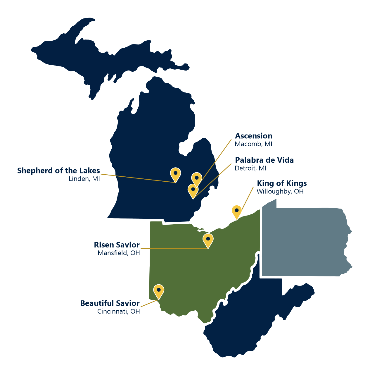 Map of Michigan, Ohio, West Virginia, and western Pennsylvania with pins marking the current missions: Shepherd of the Lakes in Linden, Ascension in Macomb, and Palabra de Vida in Detroit, Michigan; King of Kings in Willoughby, Risen Savior in Mansfield, and Beautiful Savior in Cincinnati, Ohio.